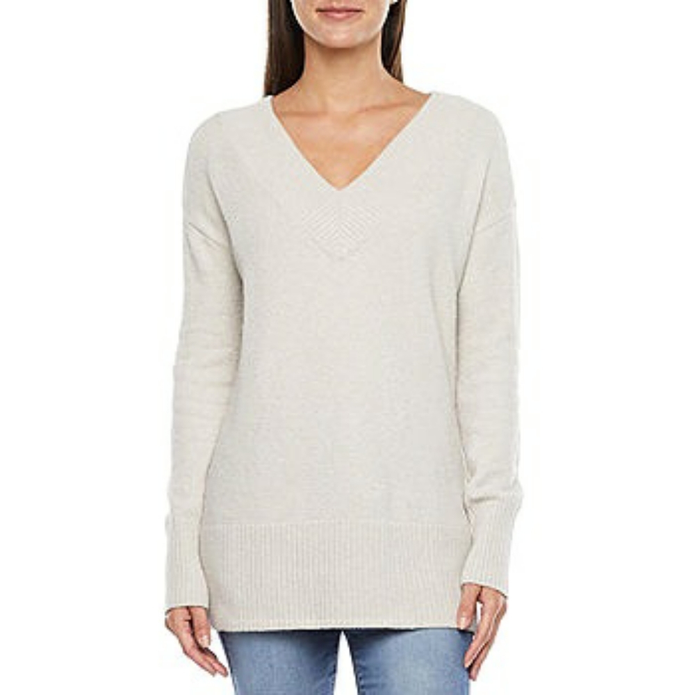 NWT ivory white long sleeve v neck knit sweater size Large classic Fall boxy